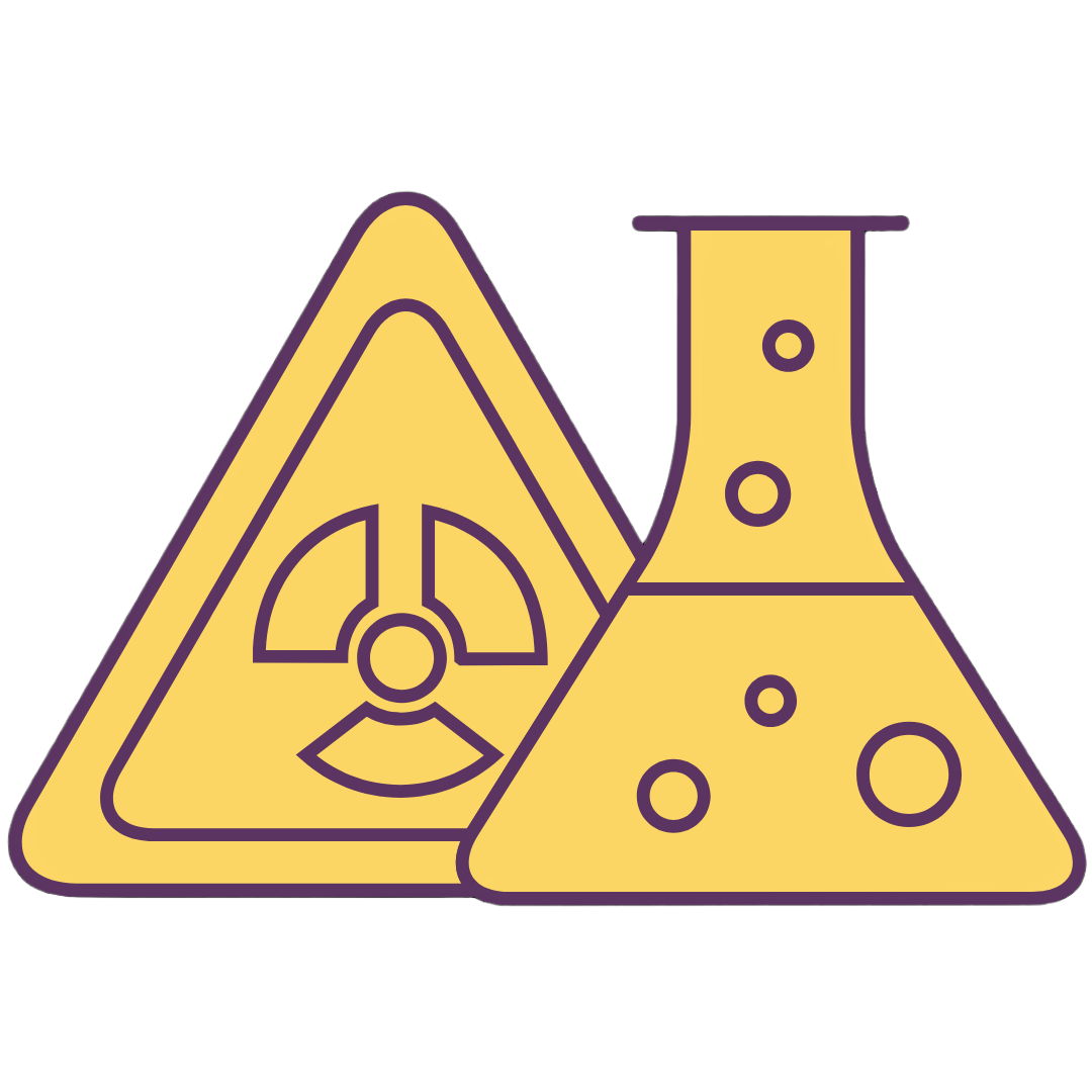 Yellow radioactive warning sign next to a science beaker with bubbles.